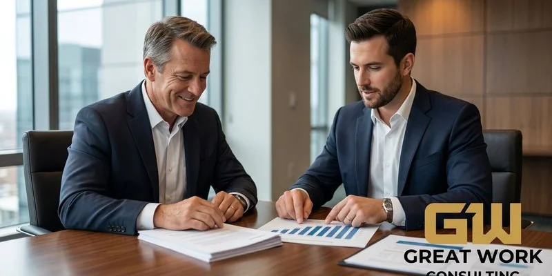 Contractor business owner meeting with financial advisor reviewing organized books clean profit and loss statements and valuation projections