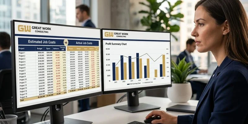 Contractor comparing estimated versus actual project costs on a computer screen with variance analysis highlighted in detail