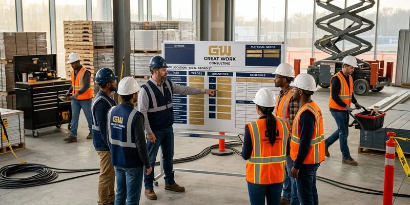 Contractor crew gathered around a morning briefing board reviewing the daily rollout schedule and job site assignments
