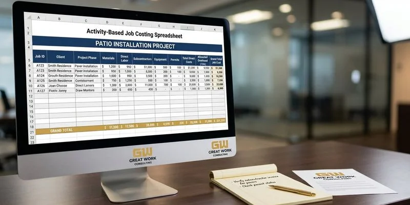 Detailed job costing breakdown spreadsheet showing materials labor equipment and overhead costs for a hardscape patio project