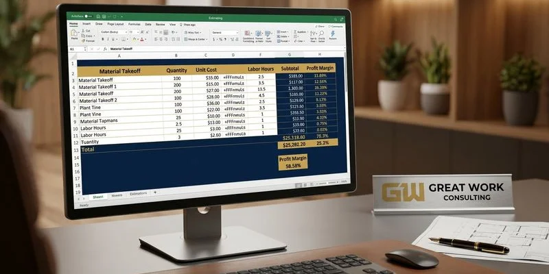 Contractor estimating system template showing material takeoff calculations and labor hour estimates for a hardscape project