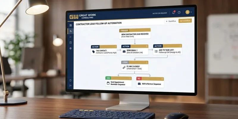 GoHighLevel CRM automation workflow builder showing multi-step contractor lead follow-up sequence with text email and voicemail triggers