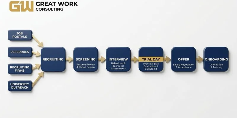 Contractor hiring pipeline showing recruiting channels, screening steps, and onboarding process for new crew members