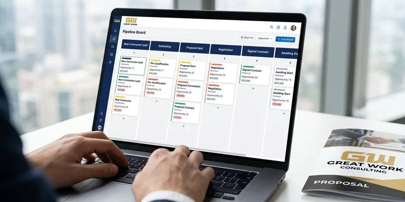 HubSpot CRM pipeline view showing contractor sales stages from new lead through site visit estimate and contract signing