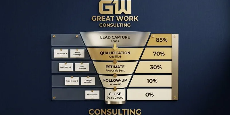 Contractor sales funnel stages with conversion rates at each step from lead capture to signed contract
