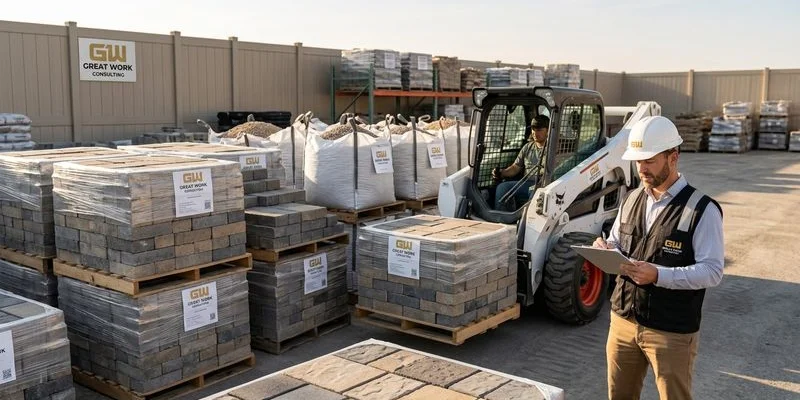 Organized contractor yard with material pallets neatly staged and labeled for upcoming outdoor living project installations